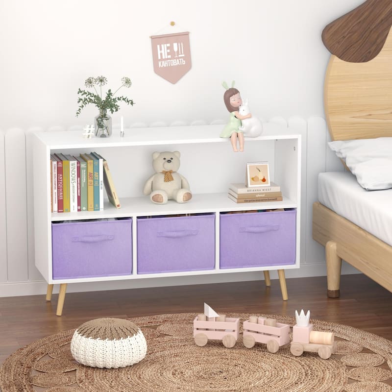 Kids bookcase with Collapsible Fabric Drawers - White+Purple