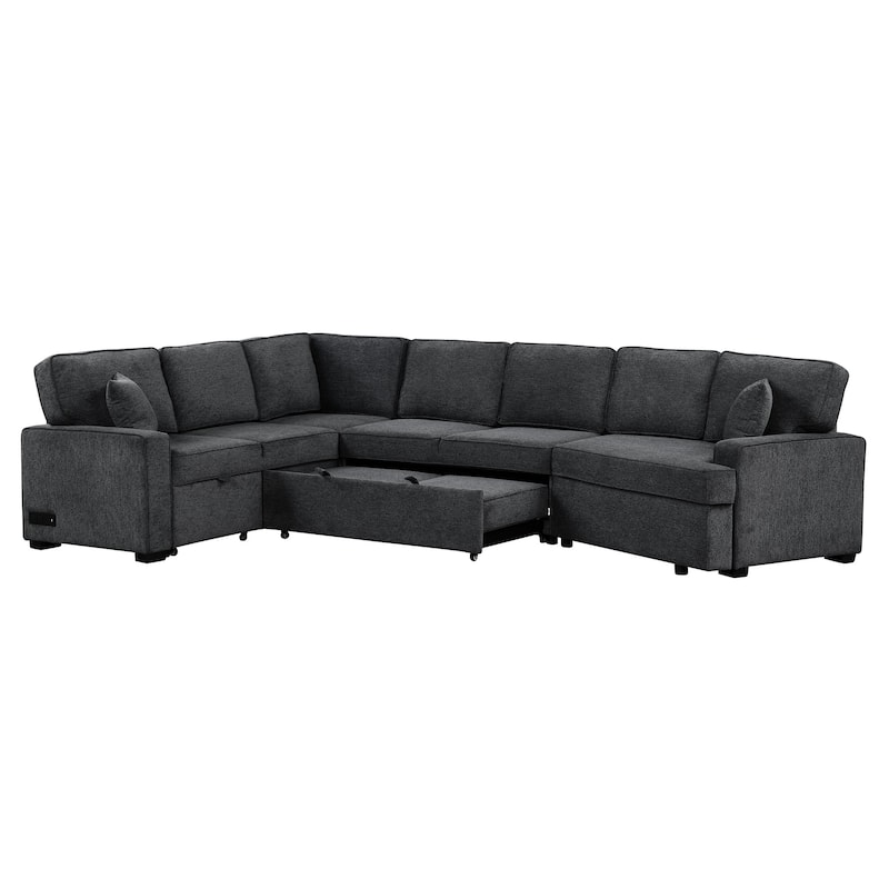 126" L-shaped Blue Black Pull-out Sectional Sofa Bed with Chargers, Cup Holders, Chenille Upholstery