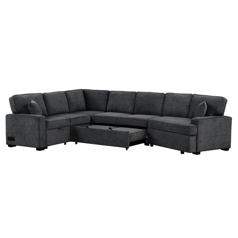 Modern 126" L-Shaped Sofa with Sleeper Bed, Cup Holders, and Power Outlets