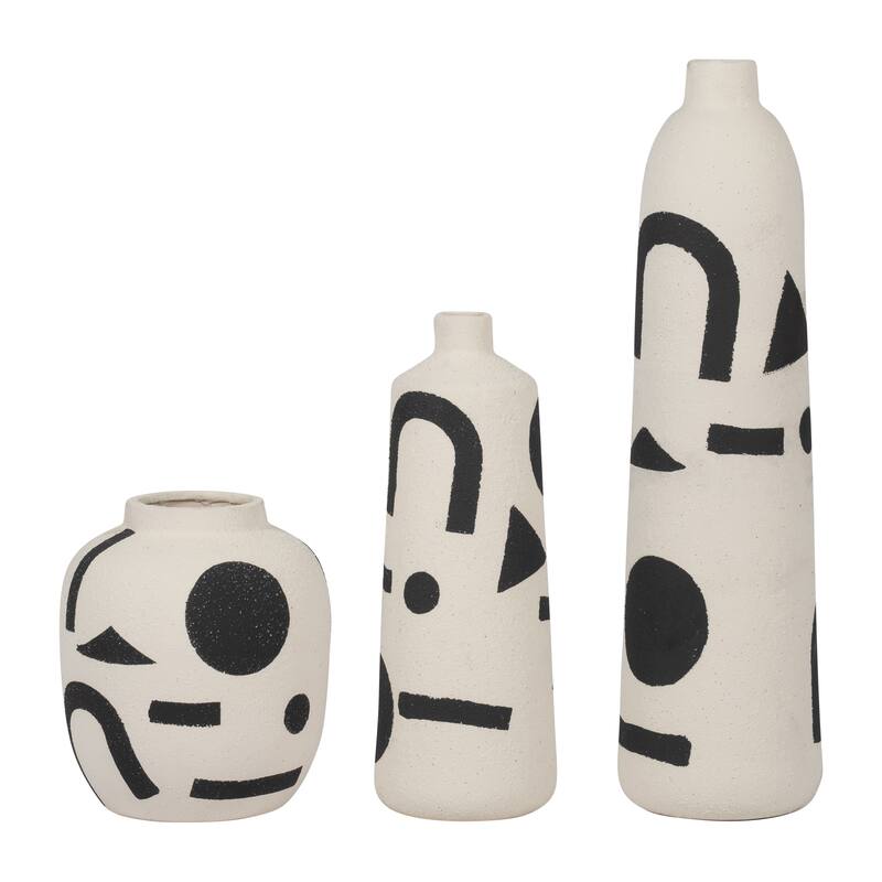 Sagebrook Home Ceramic Vase - 6" Funky Bulbous Design, Ivory/Black, Artistic Suar Wood