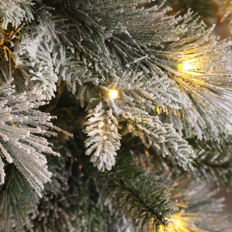 Glitzhome 7.5ft/9ft/11ft Pre-Lit Flocked Slim Pine Artificial Christmas Tree w/ Foot Pedal & Remote Control