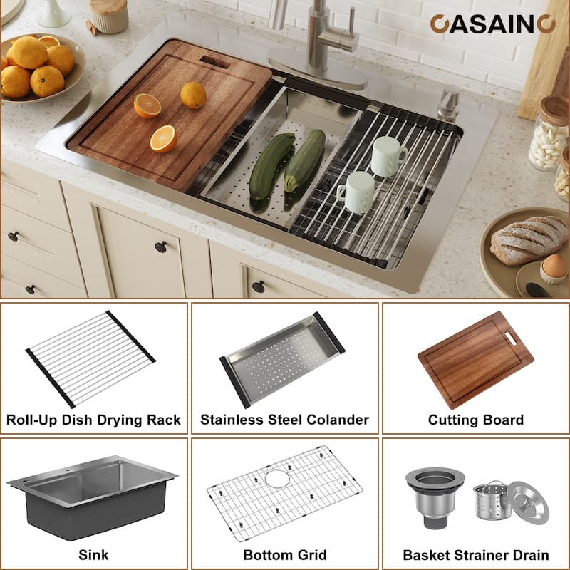 33 in. Drop-in Single Bowl Brushed Stainless Steel Workstation Kitchen Sink with Accessories, cUPC Certified