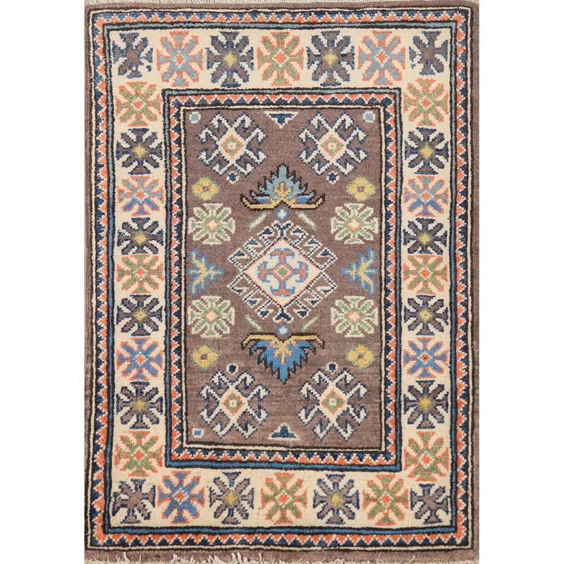 Traditional Kazak Oriental Foyer Rug Hand-Knotted Brown Wool Carpet - 2'0"x 3'0"