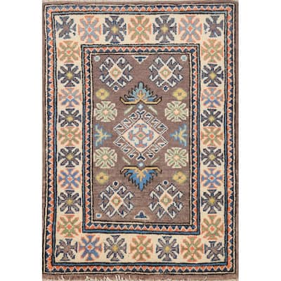 Traditional Kazak Oriental Foyer Rug Hand-Knotted Brown Wool Carpet - 2'0"x 3'0"
