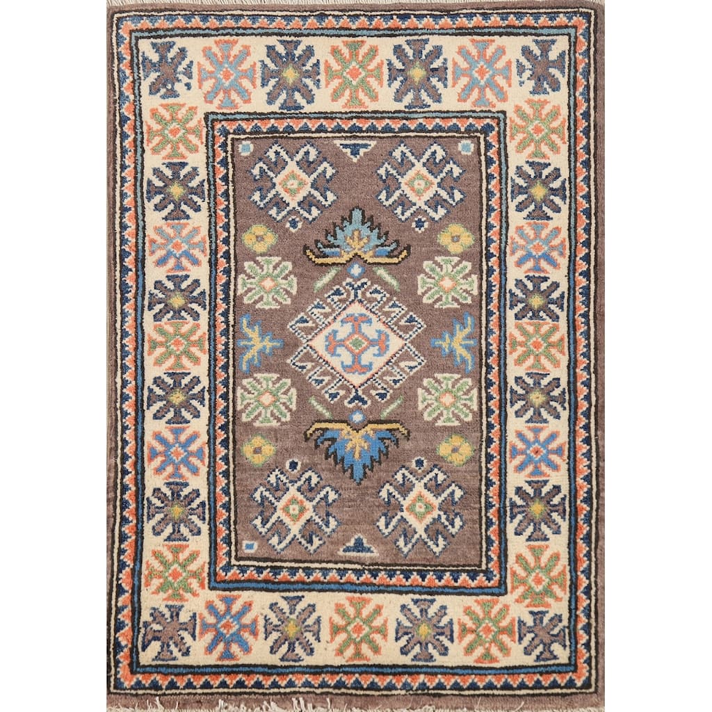 Traditional Kazak Oriental Foyer Rug Hand-Knotted Brown Wool Carpet - 2'0"x 3'0"