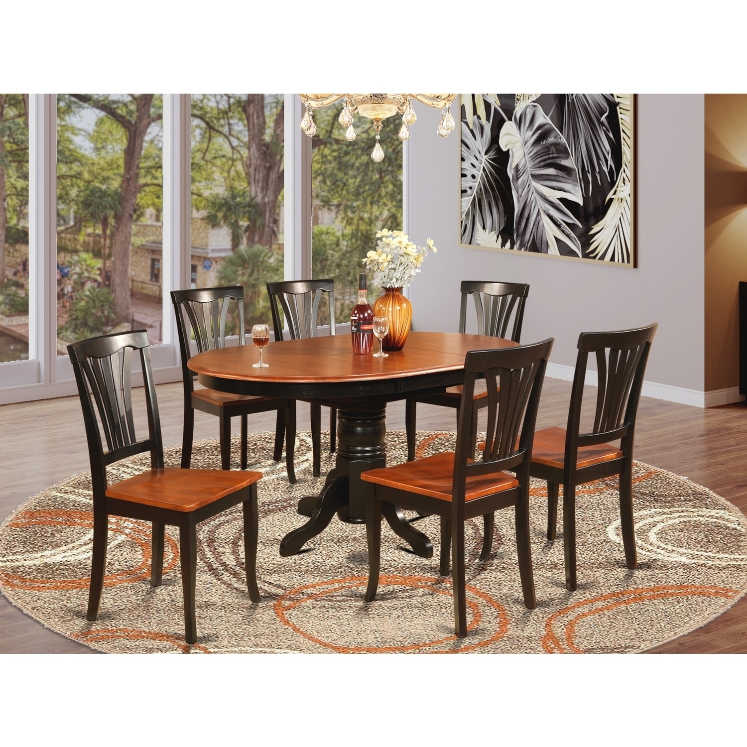 7-Piece Oval Black Finish Solid Wood Top Dining Table with 6-Chairs with