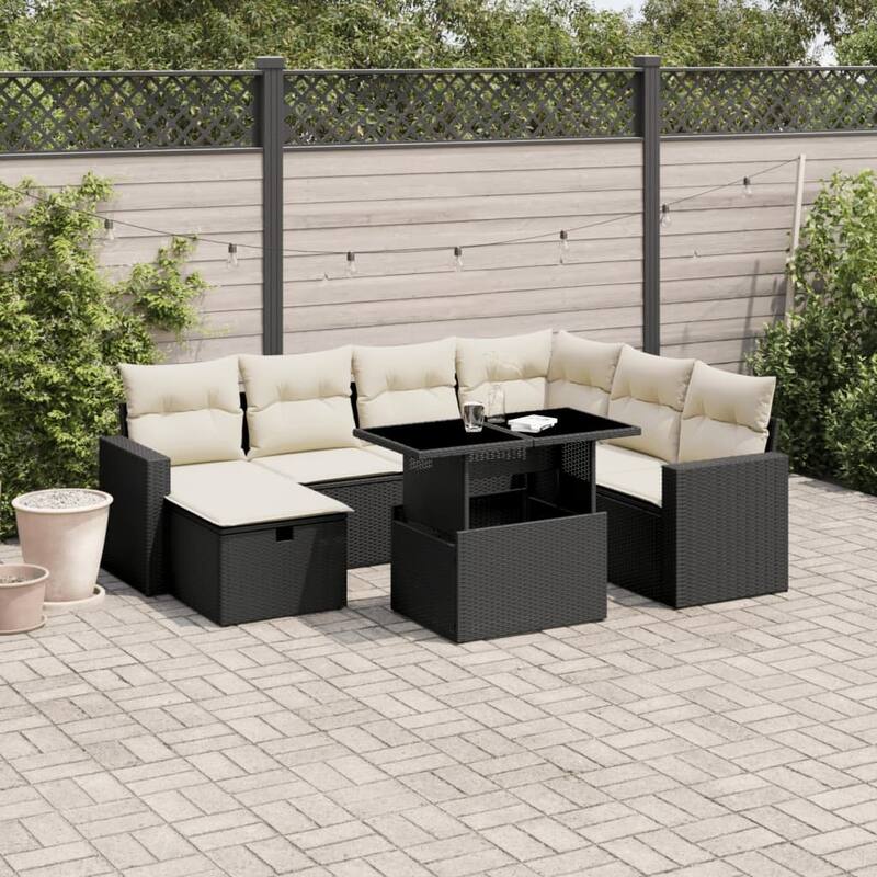 vidaXL Patio Sofa Set with Cushions Outdoor Furniture 8 Piece Poly Rattan - Black and cream - 21.7 x 39.4 x 27.2 in