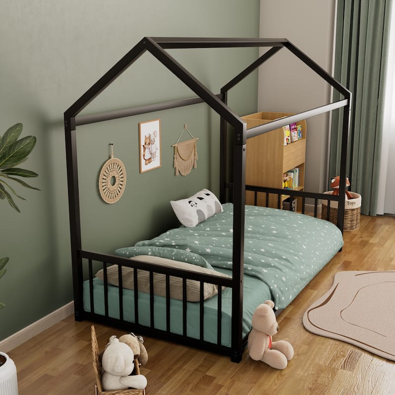 Montessori Metal House Bed with End Guardrails by Harper&Bright Designs