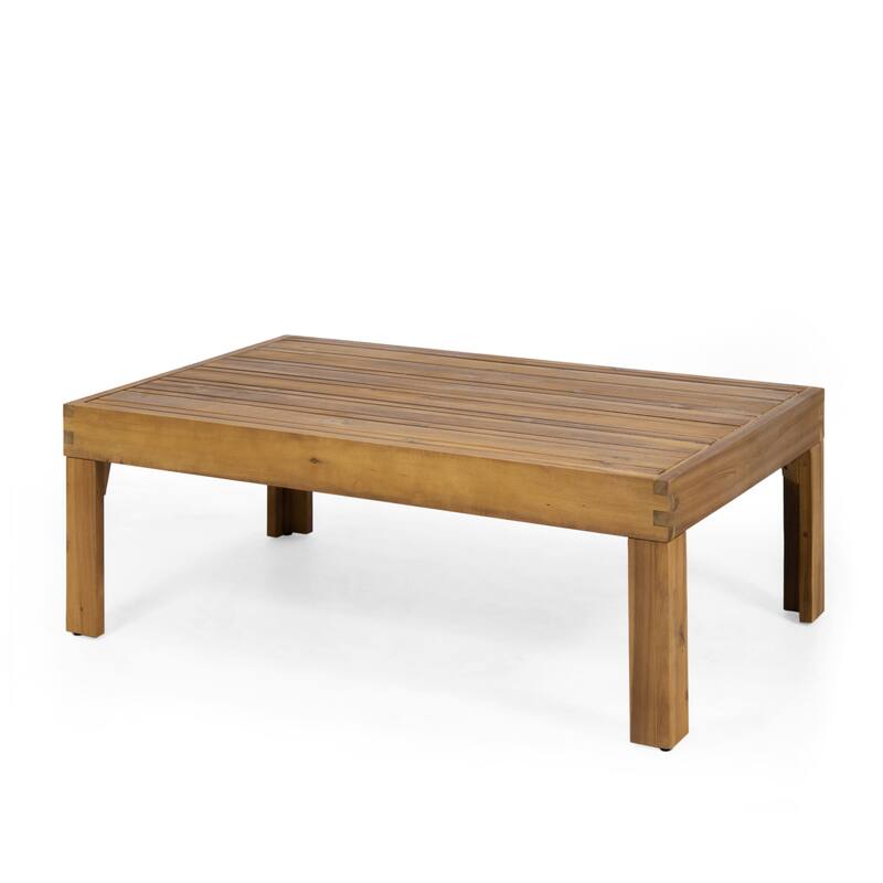 Roomfitters Acacia Wood and Wicker Loveseat Patio Set with Cushions and Coffee Table, Teak Beige