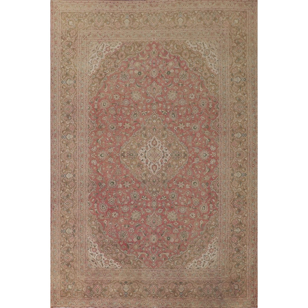 Traditional Kashan Persian Vintage Rug Handmade Pink Wool Carpet - 9'10"x 13'0"