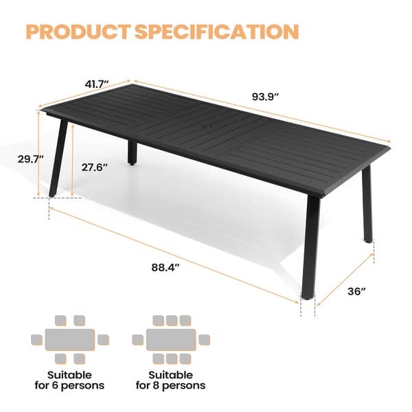 dimension image slide 1 of 4, 9PC Patio Outdoor Aluminum Dining Table Sets with Umbrella Hole with Rattan Chair