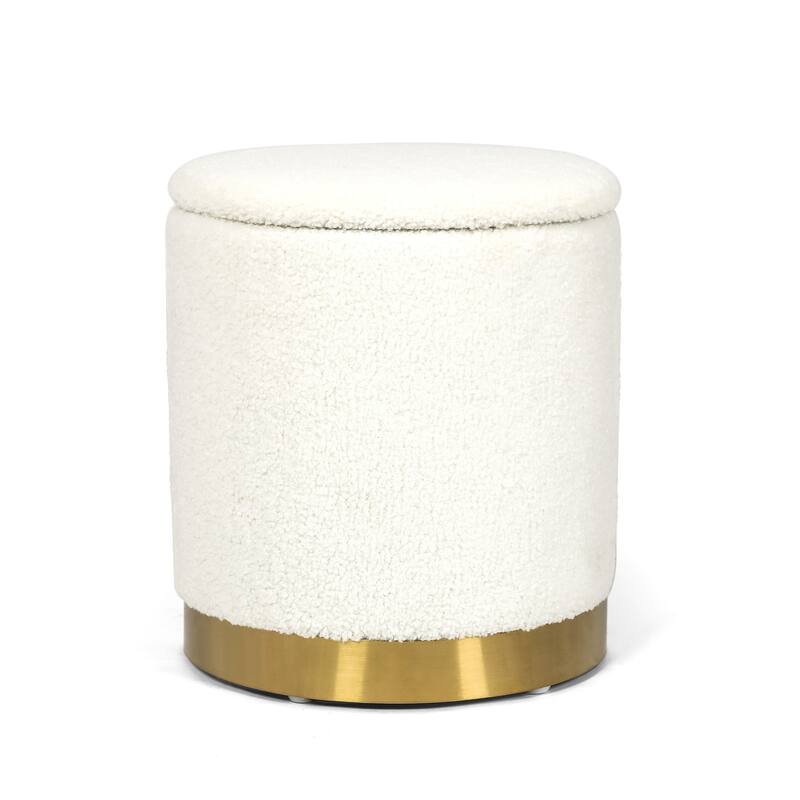 Adeco Velvet Round Storage Stool Gold Plating Base Storage Ottoman