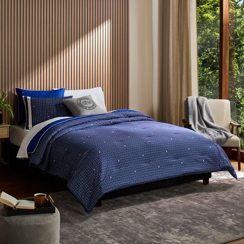 Lacoste Heritage Geo Percale Cotton 3-Piece Comforter Set - Twin - Navy