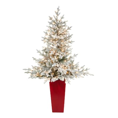 57" Flocked Artificial Christmas Tree with 300 Lights in Tower Planter