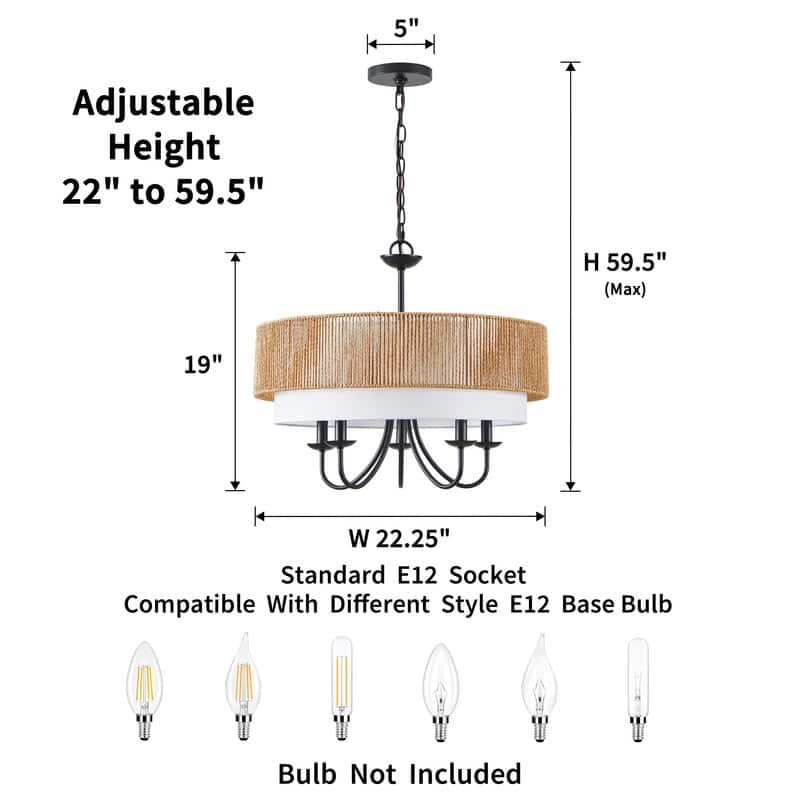 KAWOTI Adjustable Height Pendant Light with Rattan Shade