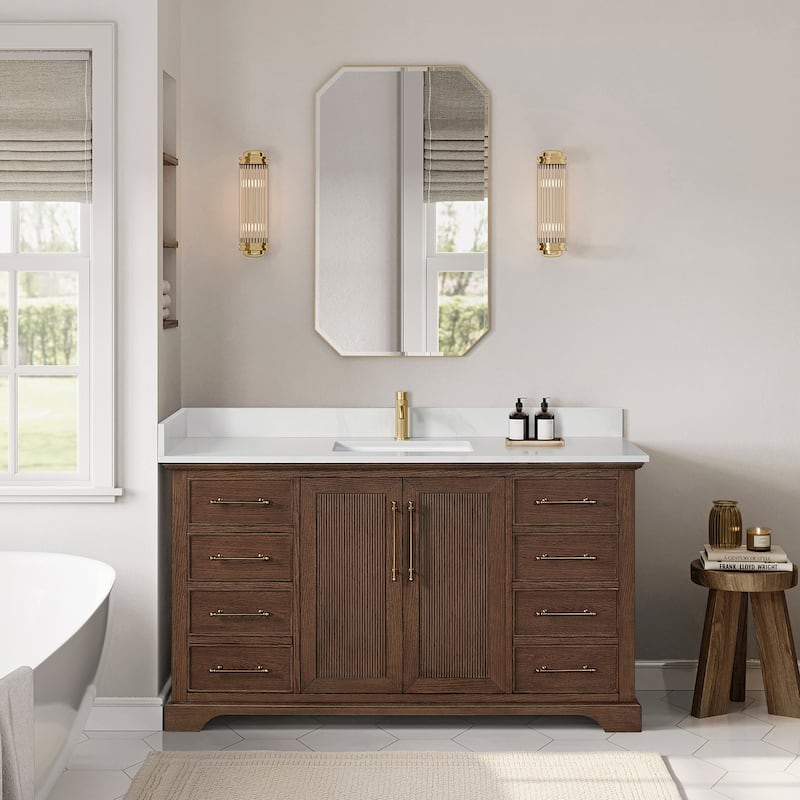 Tokyo Bath Vanity with Quartz Stone Top without Mirror - 60in. Single Sink - Dark Brown Oak