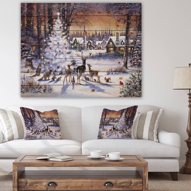 Designart 'Christmas Woods with Deer, Buck and Owl' Print on Natural Pine Wood - White