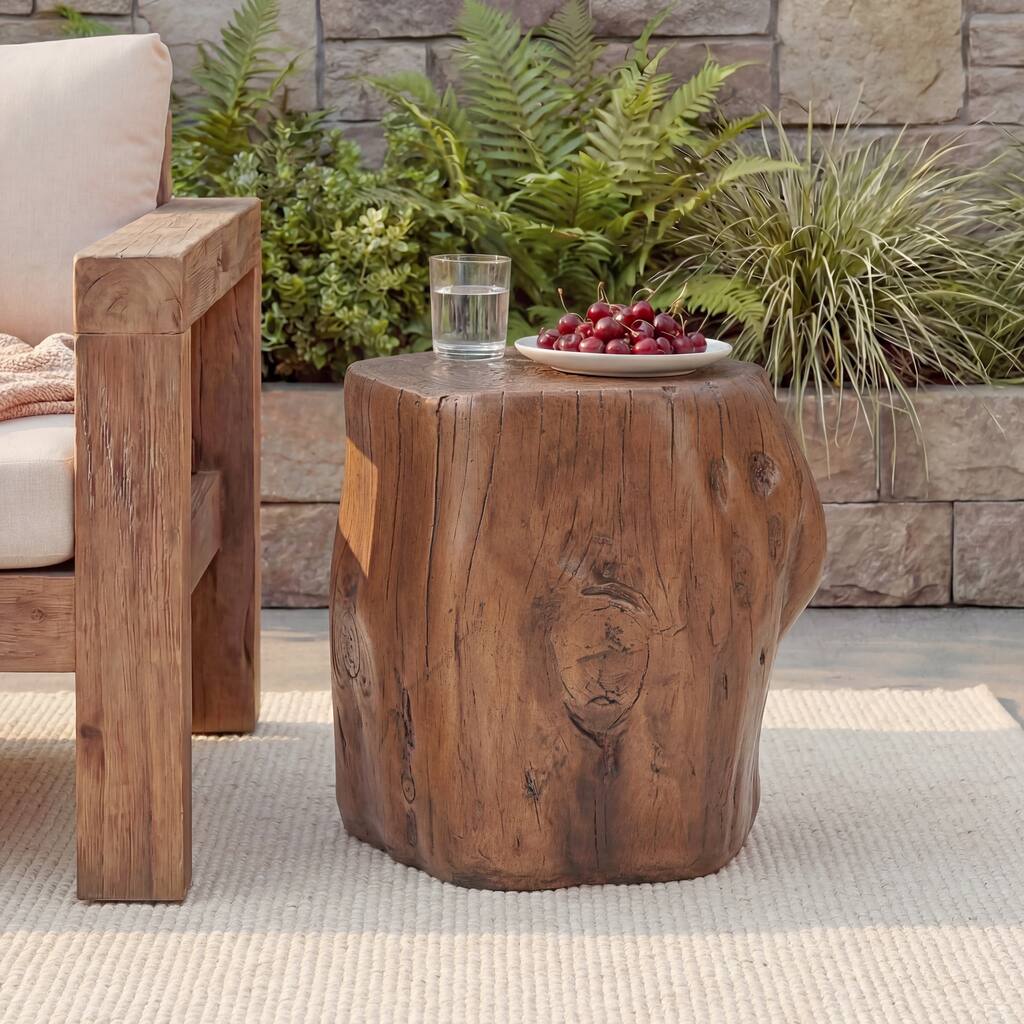Christopher Knight Home - Terra Rustic Tree-Stump Lightweight Concrete Side Table in Dark Wood Grain