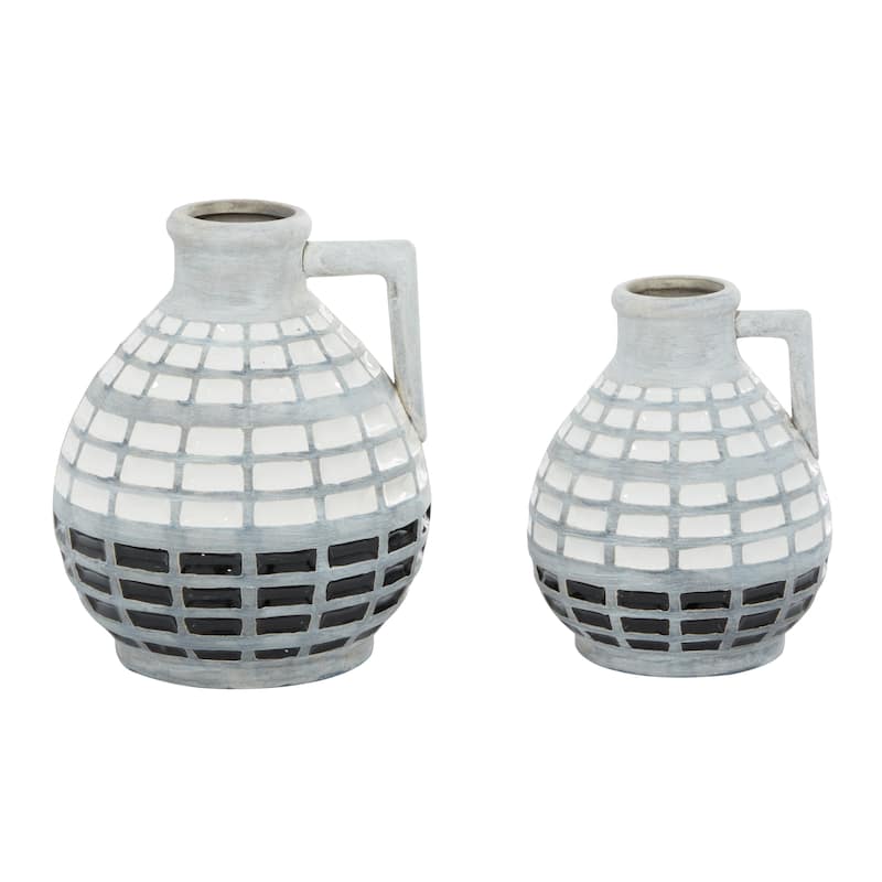 Ceramic Handmade Vase with Grid Pattern - Set of 2 Gray - Roche River Decor - 7"W x 7"L x 8"H