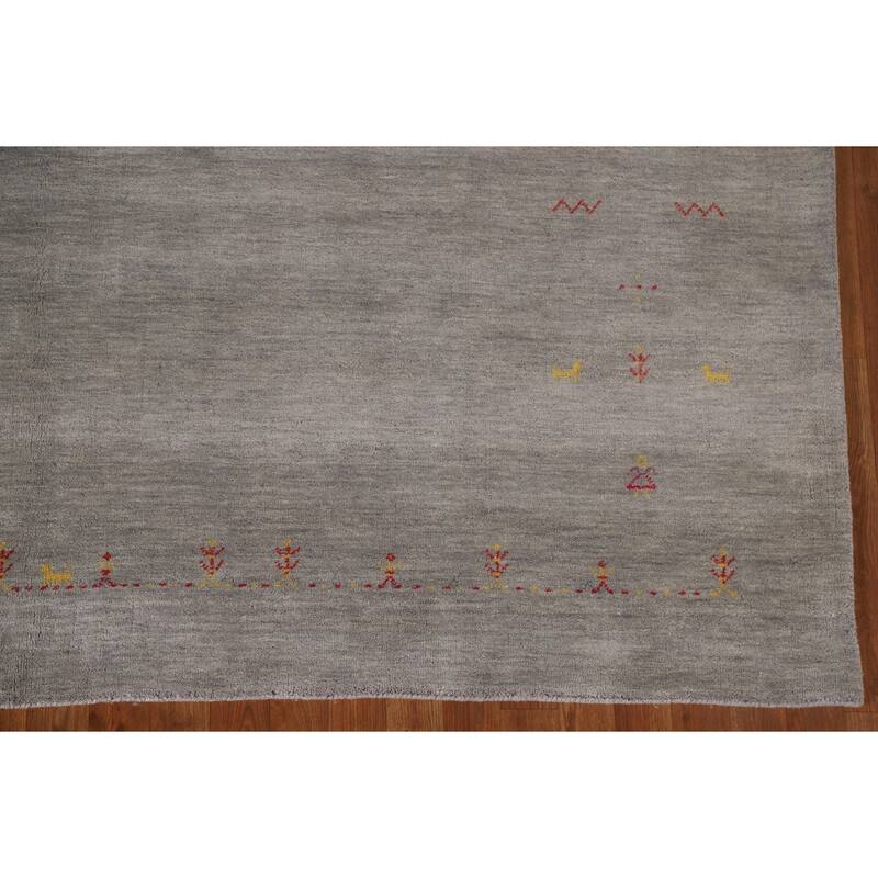 Tribal Gabbeh Area Rug Hand-Knotted Beige Wool Carpet - 8'1"x 9'8"