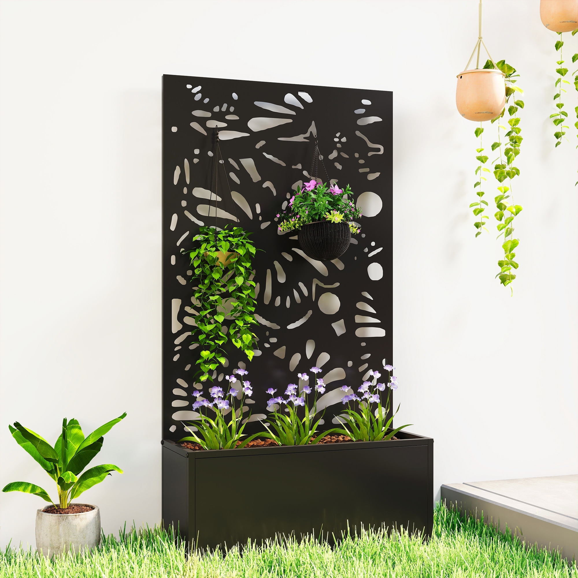 Outsunny Metal Raised Garden Bed with Trellis for Climbing Plants, Freestanding or Wall Mounted Flower Bed with Privacy Panel