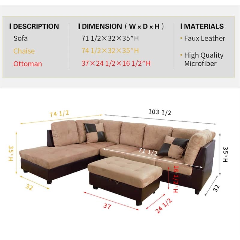 3-Pieces Sectional Sofa Set,Left Facing,Beige Microfiber(103A)