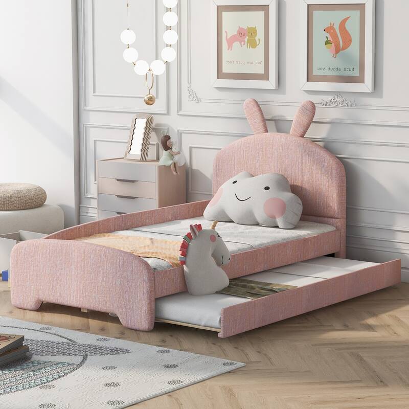 Pink Chenille Twin Platform Bed with Cartoon Ears Headboard and Trundle
