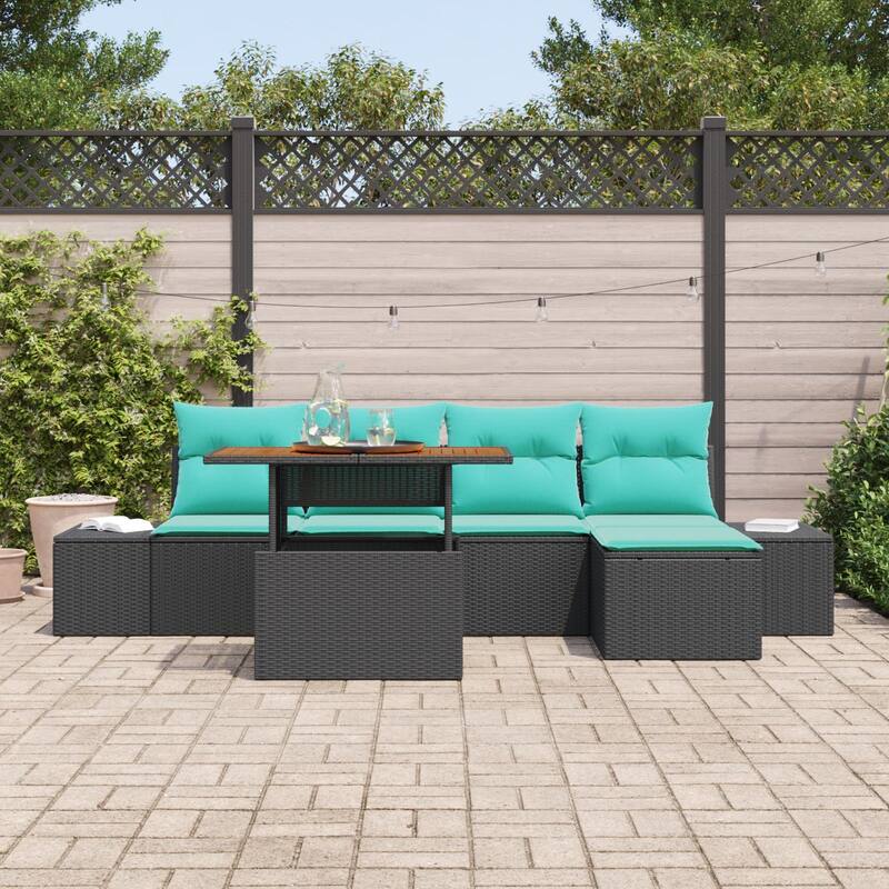 vidaXL 6 Piece Garden Sofa Set with Cushions Black Poly Rattan - 115.8×46.1×27.2