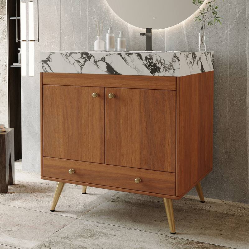 Mid-Century 30" Freestanding Bathroom Vanity with Faux Marble Top, Ceramic Sink & Gold Legs Cabinet