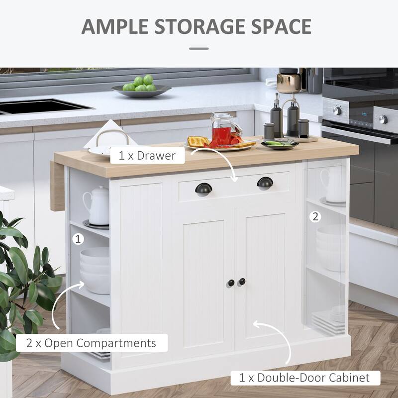 47" Fluted-Style Wooden Kitchen Island, Kitchen Countertop Storage Cabinet with Drop Leaf, Drawer, Open Shelves, Storage, White