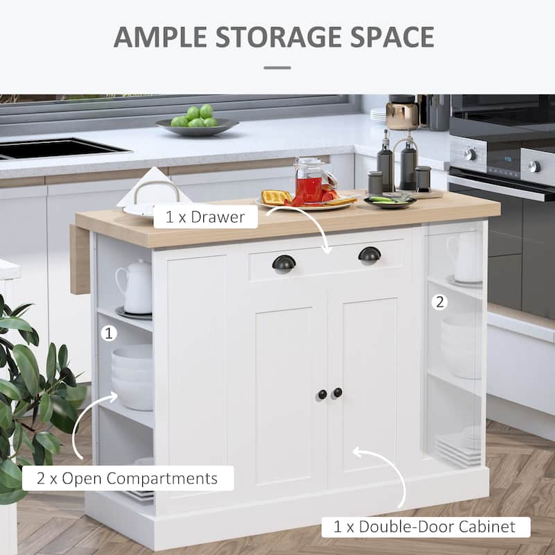 HOMCOM 47" Wooden Kitchen Island, Kitchen Countertop Storage Cabinet with Drop Leaf, Drawer, Open Shelves, Storage, White