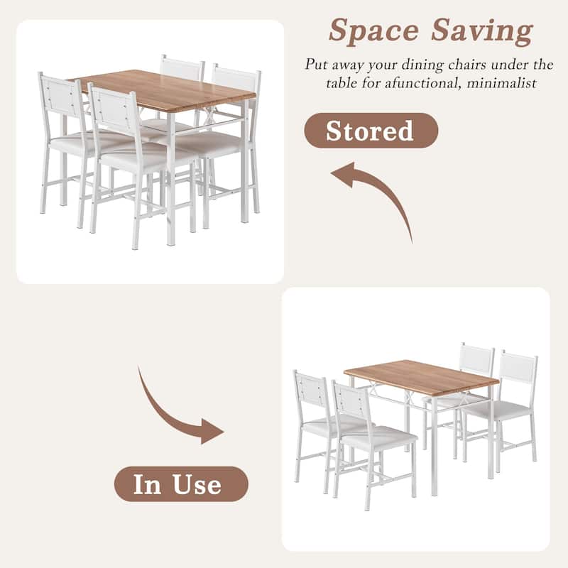 Javlergo 5-Piece White Frame Dining Set with Oak MDF Top PU Leather Chairs with Foam Padding Space Saving for Small Spaces
