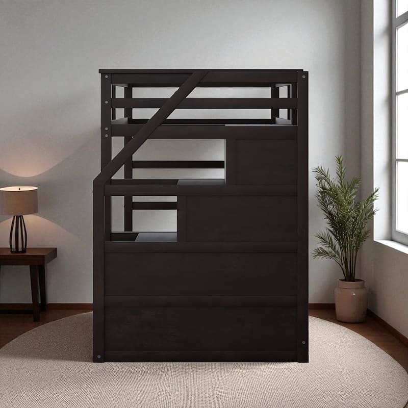 Twin Over Twin Bunk Bed with Trundle and 3 Storage Stairs, Solid Wood Frame, No Box Spring Required