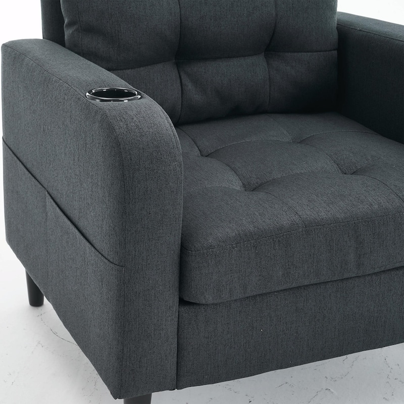Upholstered Armchair and Storage Ottoman Set with Cup Holders and Tufted Detailing