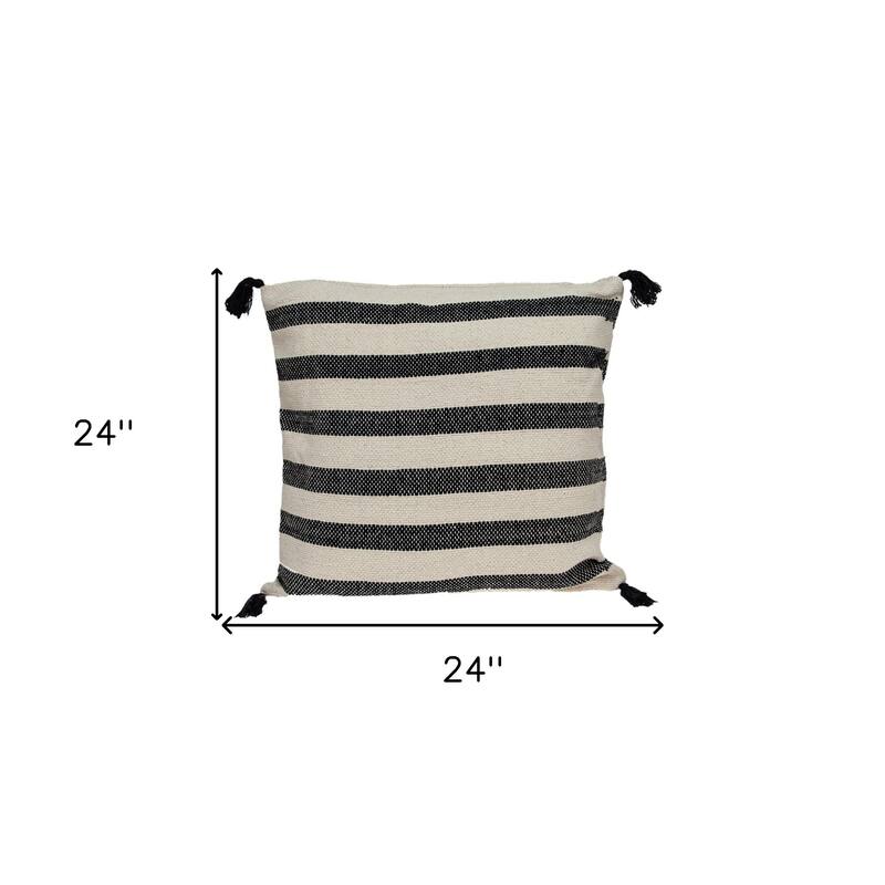 HomeRoots 24" Beige and Black Striped Cotton Throw Pillow With Tassels