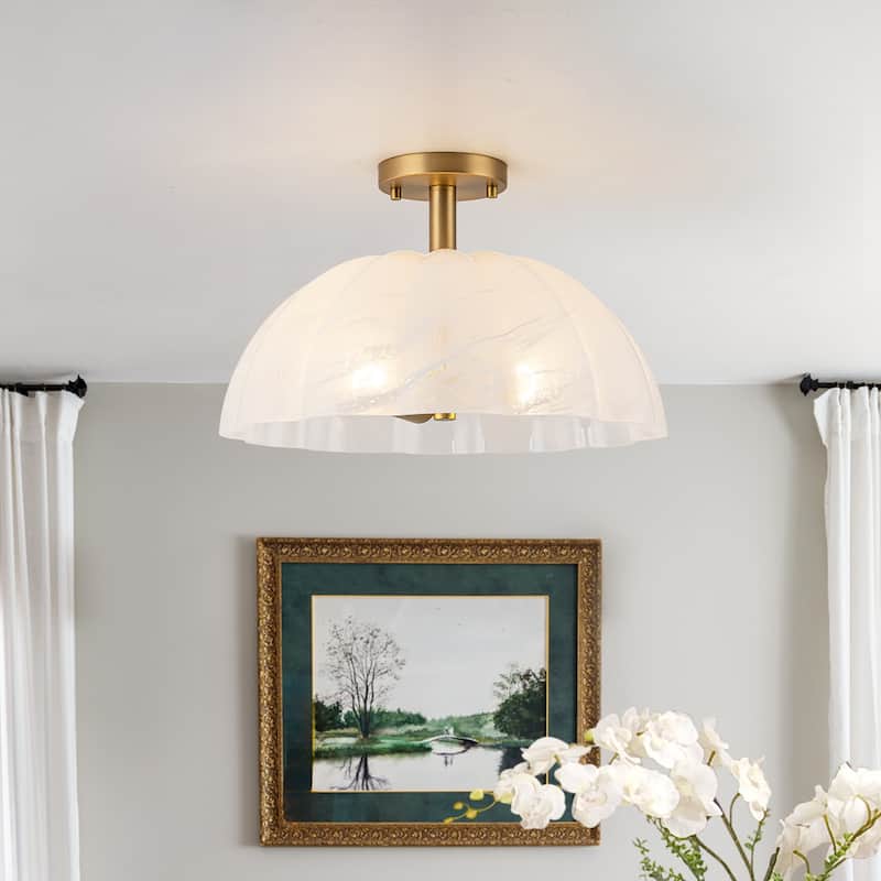 2-Light Cloudy Glass Semi Flush Mount - Gold