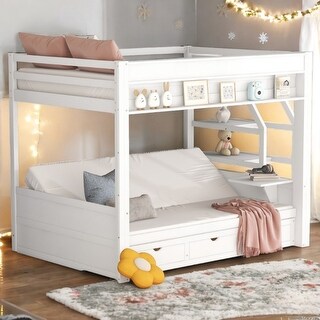 White Full Size Convertible Design Wood Bunk Bed with Storage Staircase, Bedside Table, and 3 Drawers