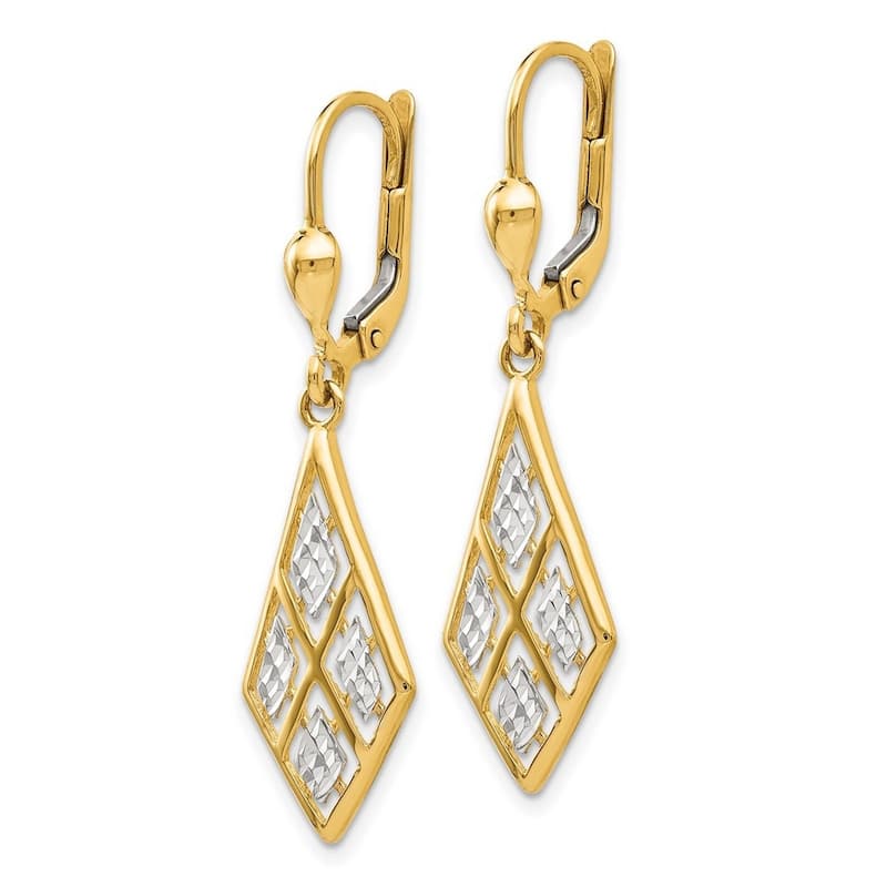 Curata 14k Yellow Gold Rhodium 37x11mm Diamond-shaped Leverback Earrings