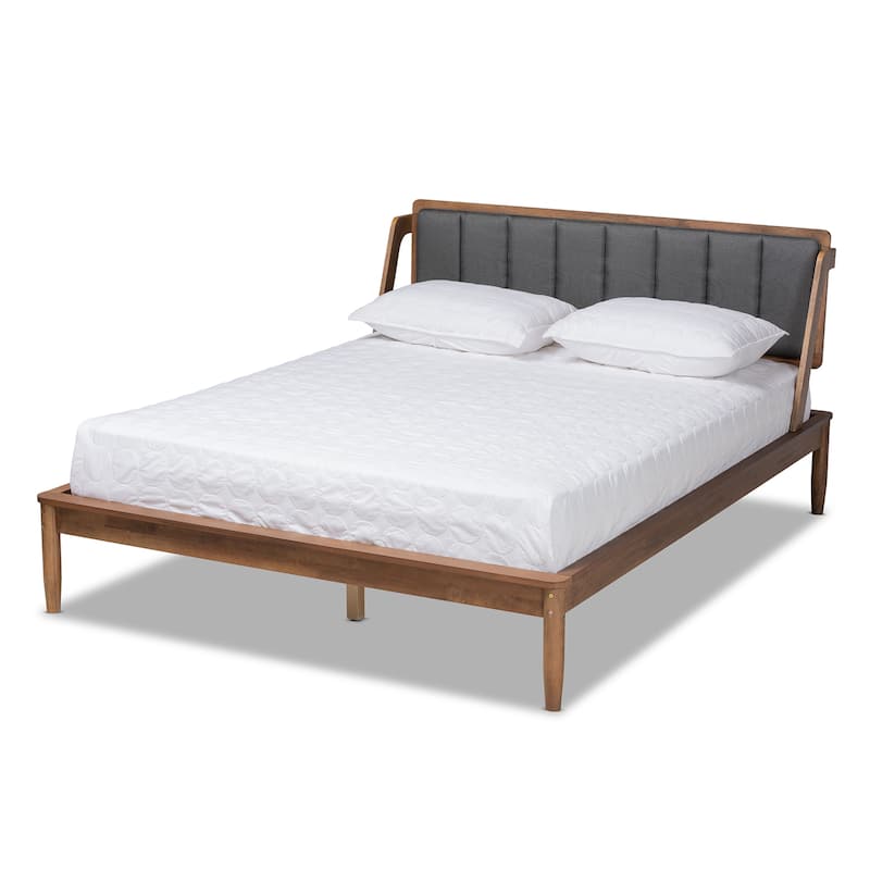 Helsa Mid-Century Modern Fabric and Walnut Finished Platform Bed - Full