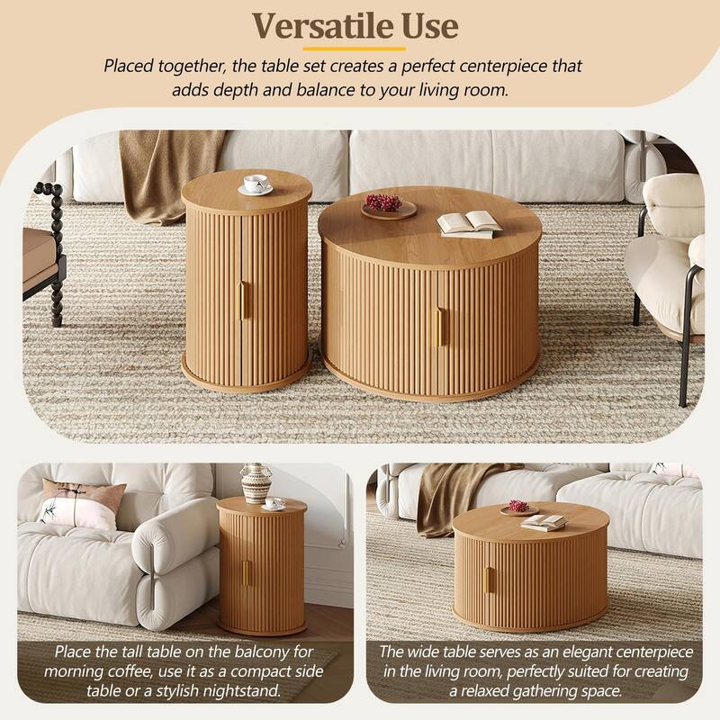 Mid-Century Coffee Table Set with Sliding Tambour Door - Round Fluted End Table with Storage