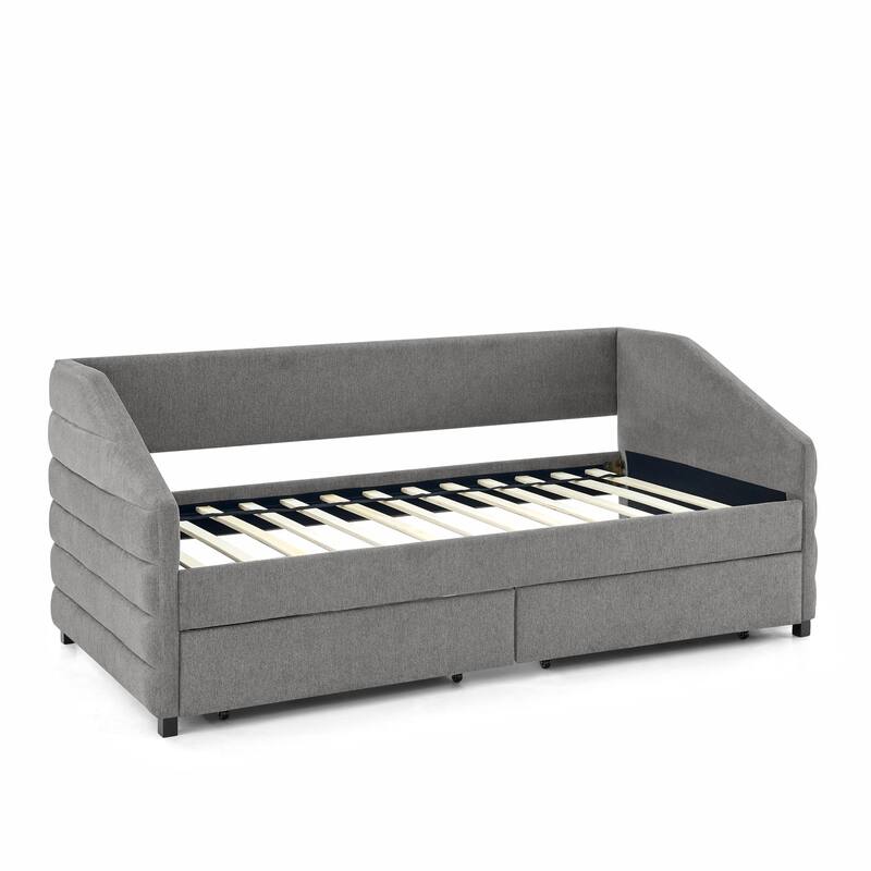 Twin/Full/Queen Size Upholstered Daybed with 2 Drawers, Linen Fabric Upholstered Sofa Bed, Wheeled Storage Daybed w/ Wood Frame