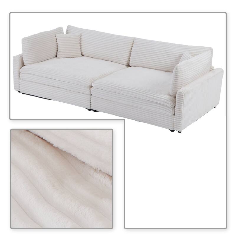 Classic Stylish Corduroy Fabric Upholstered Three-Seater Sofa with Two Throw Pillows