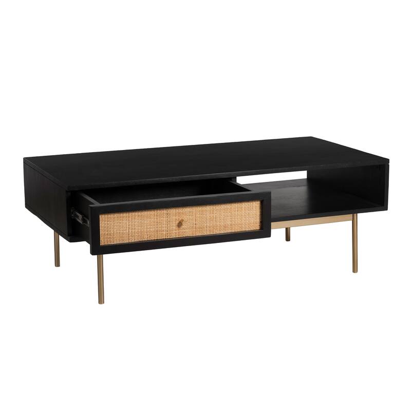 Curtis Solid Wood with Natural Woven Cane Coffee Table - Black / Natural Woven Cane
