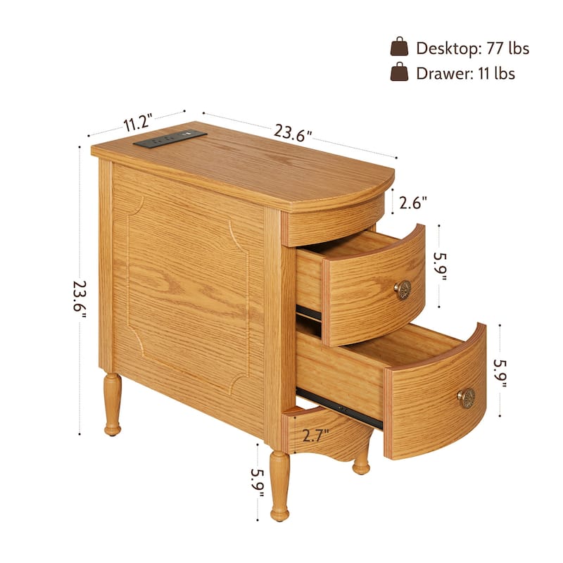 Rossetta Vintage Style Slim Narrow End Table with Convenient Charging Station and Deep Drawers, Easy Assembly