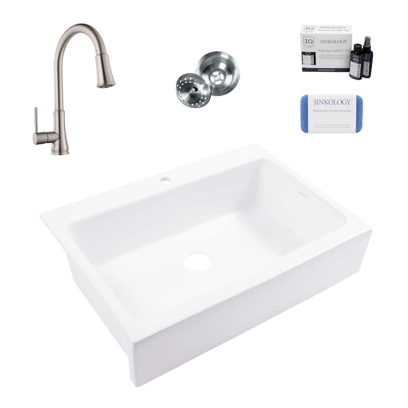 Parker Crisp White Fireclay 34" Single Bowl Quick-Fit Farmhouse Apron Front Drop-in Kitchen Sink (1 Hole) with Faucet Kit