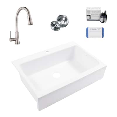Parker Crisp White Fireclay 34" Single Bowl Quick-Fit Farmhouse Apron Front Drop-in Kitchen Sink (1 Hole) with Faucet Kit