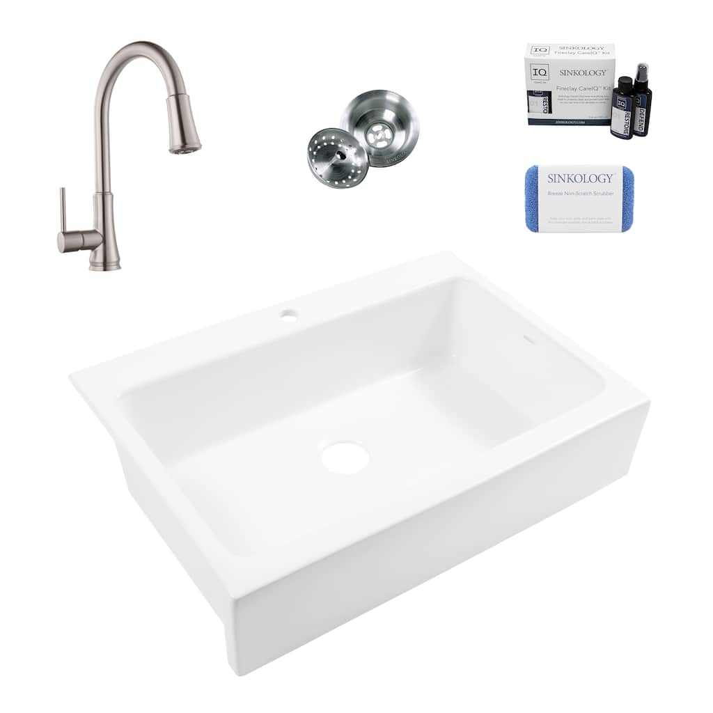 Parker Crisp White Fireclay 34" Single Bowl Quick-Fit Farmhouse Apron Front Drop-in Kitchen Sink (1 Hole) with Faucet Kit