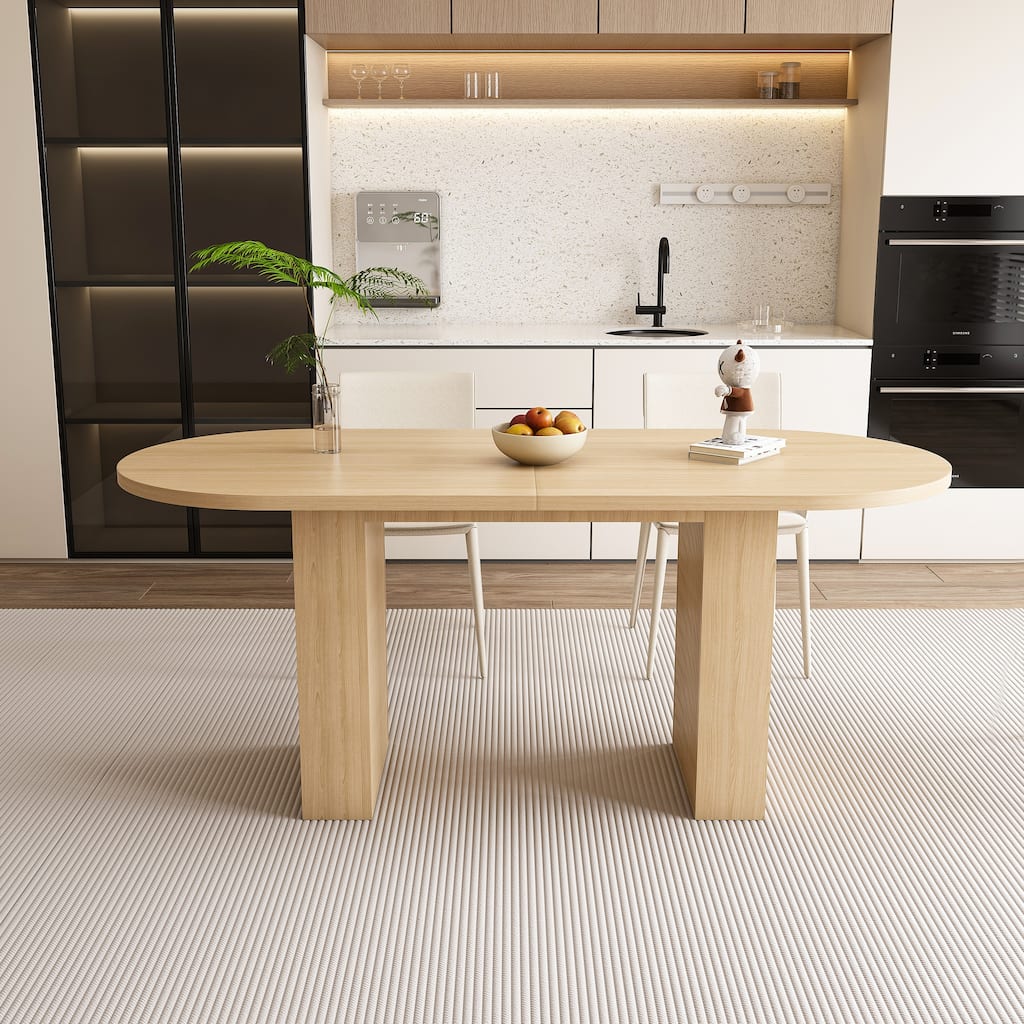 Kitchen Table with Wood Strip Base, Oval Dining Table, Water-Resistant Coffee Table Office Table