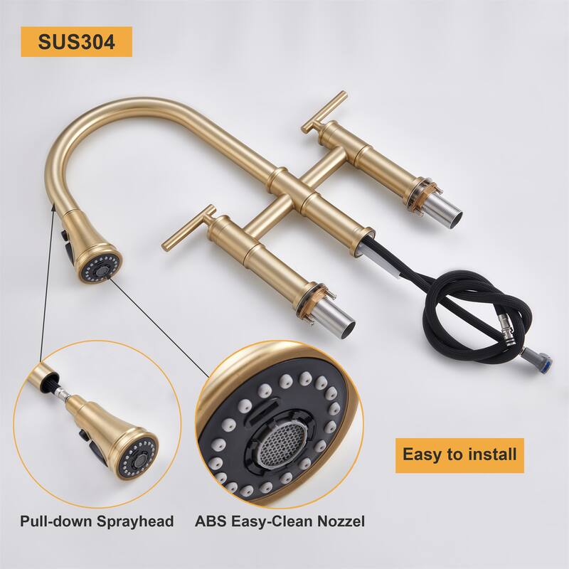 Clihome 3-Function Stainless PullDown Kitchen Heritage Bridge Faucet