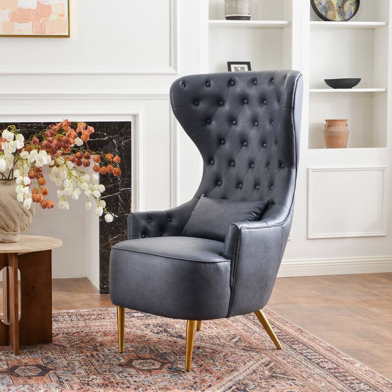KINWELL Upholstered Tufted Faux Leather Wingback Chair PU Accent Chair